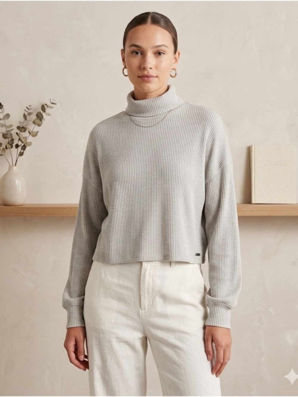 Hollister Grey Ribbed Cropped‎ Turtleneck Light Sweater S Clean Girl Minimalist